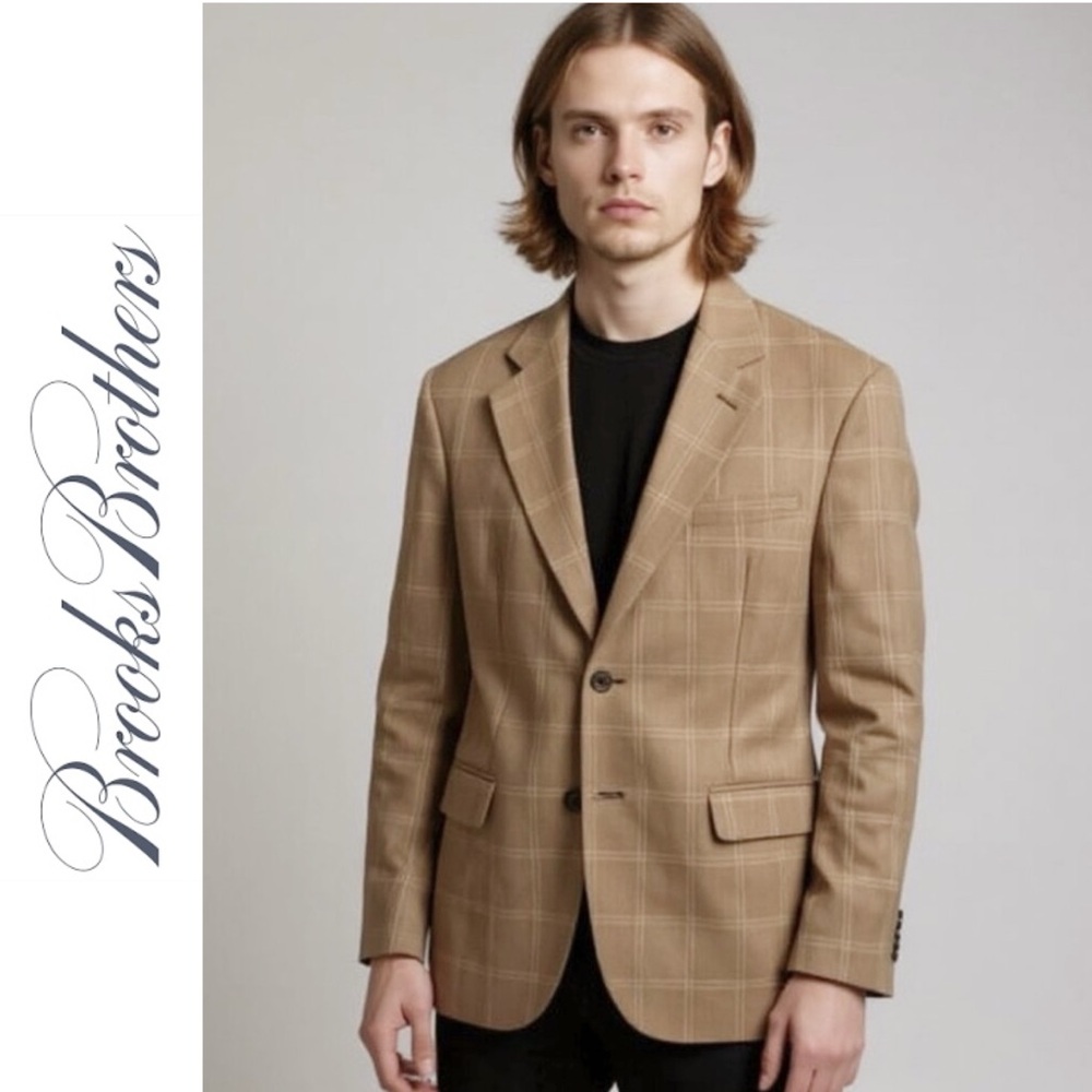 Brooks Brothers 346 Light Brown Tan 100% Wool Windowpane Blazer Size 44R